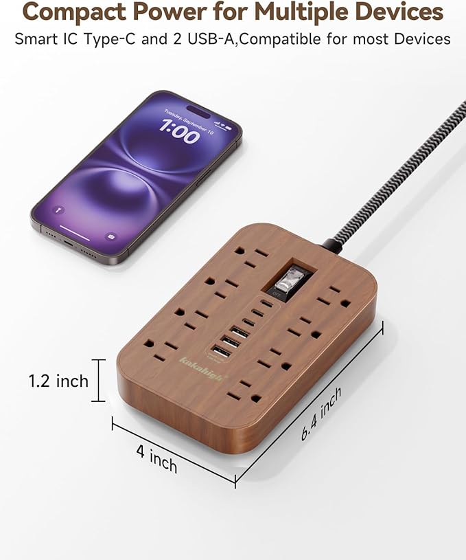 Walnut Power Strip with USB Ports - 5 FT Wood Power Strip - Image 2