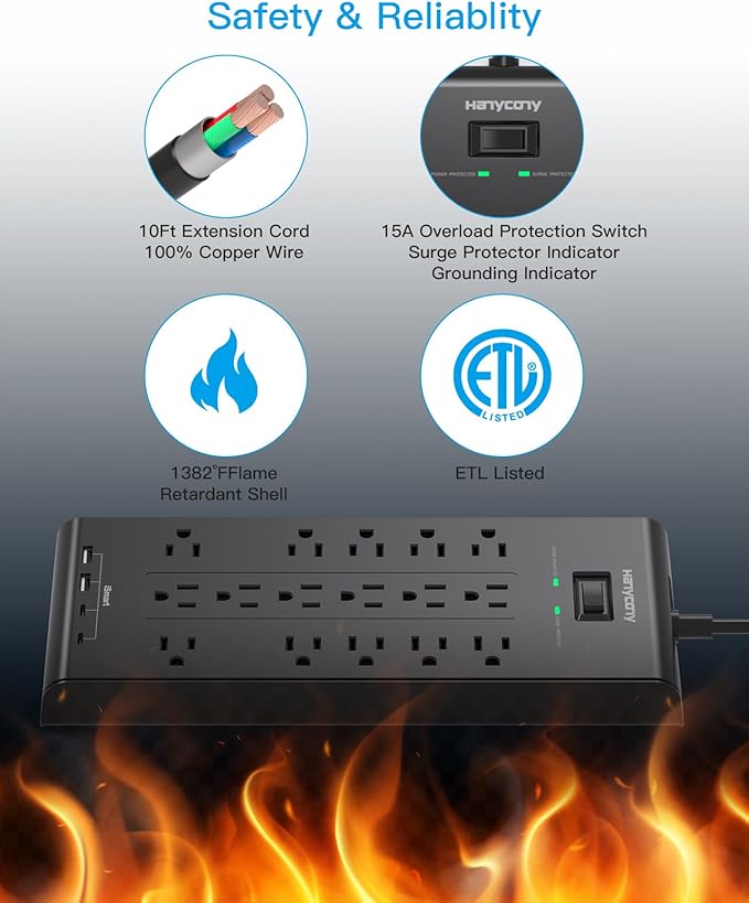 Surge Protector Power Strip, HANYCONY 5 Ft Flat Plug Heavy Duty Extension Cord - Image 6