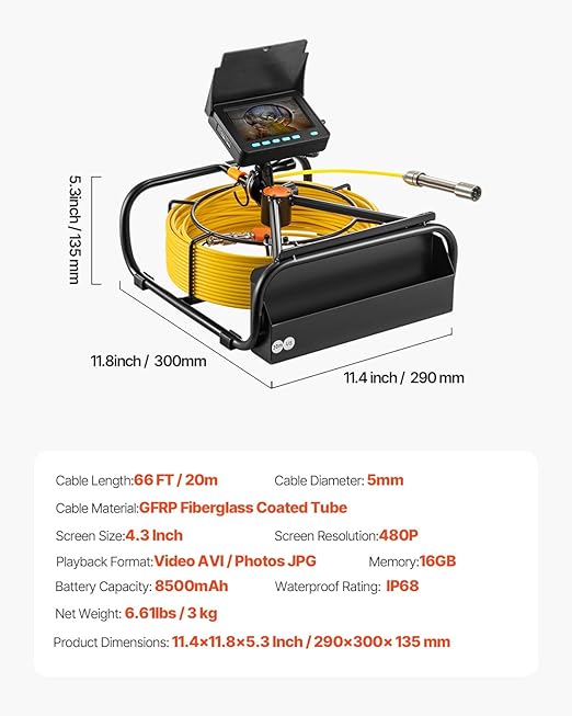VEVOR Sewer Camera, 65.6 ft/20 m, 4.3" Pipe Drain Inspection Camera - Image 7