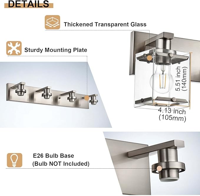 WINSHEN 2-Lights Wall Sconce Lighting E26 Bulb Base, Modern Brushed Nickel - Image 7