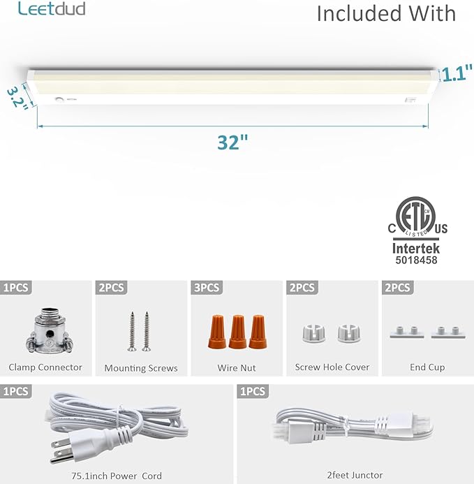Leetdud Under Cabinet Lighting Plug in or Hardwired Built-in Dimmer, 32 Inch 16W - Image 9