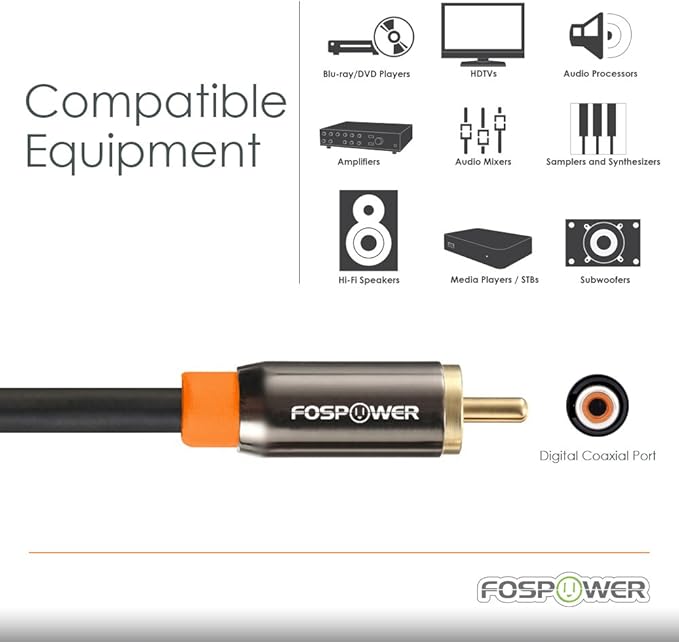 FosPower Digital Audio Coaxial Cable Premium S/PDIF RCA Male to RCA Male - Image 3
