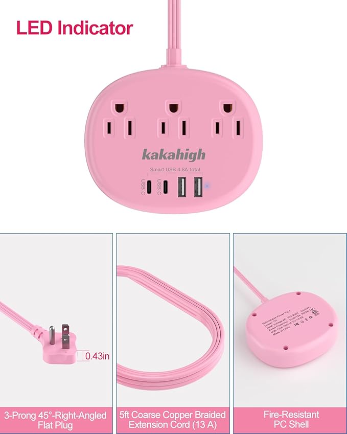 Pink Extension Cord - 10 FT Flat Extension Cord - Image 6