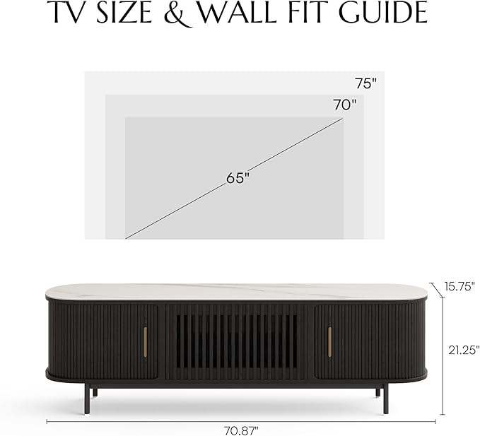 POVISON Sliding Tambour Door TV Stand, Mid Century Modern Sintered Stone TV - Image 4