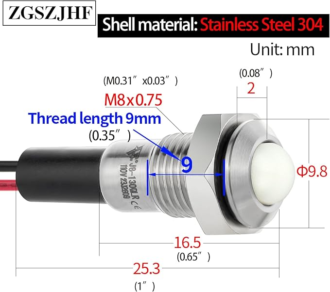 ZGSZJHF UL Listed Mini Indicator Light 8mm 0.31" Waterproof IP67 110V-120V - Image 4