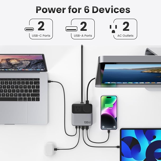 135W Charging Station USB C Power Strip, 6-in-1 GaN USB C Charger Block - Image 2