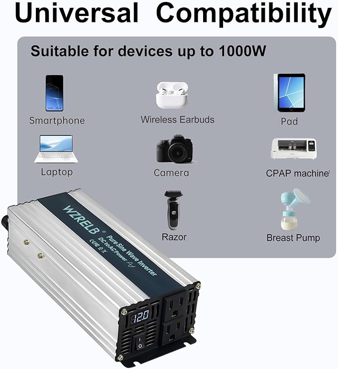 WZRELB 1000W Pure Sine Wave Inverter 24V DC to 110V 120V AC Power Converter - Image 6