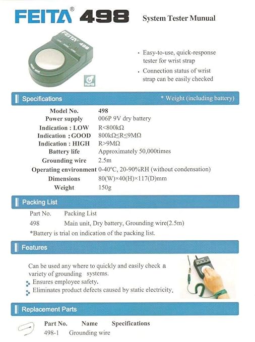 FEITA 498 Anti Static ESD Wrist Strap Tester, Anti-Static Wristband Grounding - Image 6