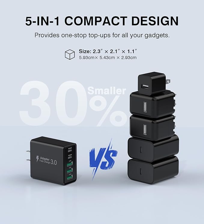 USB C Wall Charger, 60W USB C Charger Block 5-Port PD Fast Charging Blocks + QC - Image 6