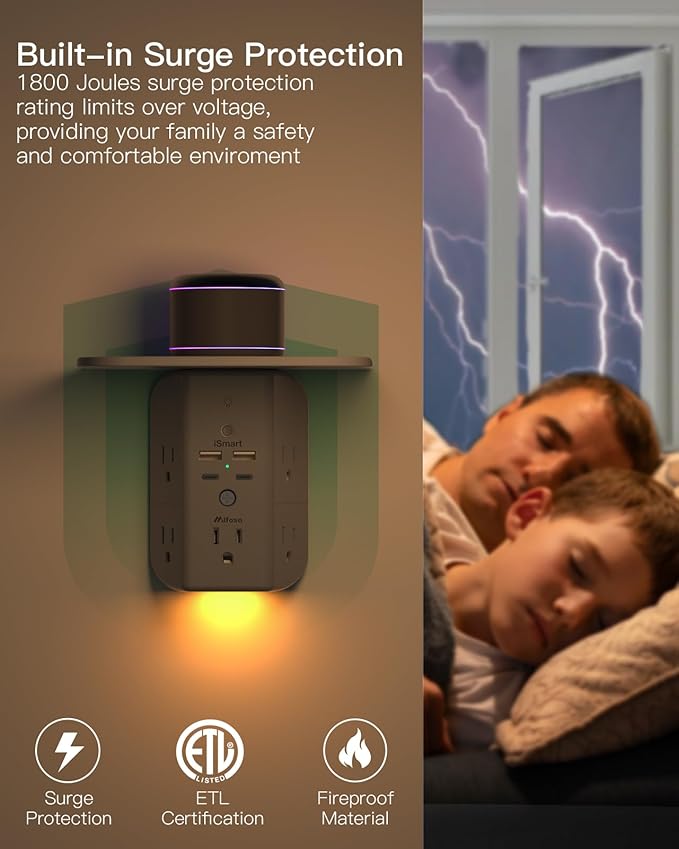 Wall Outlet Extender with Shelf and Night Light, Surge Protector, USB Wall - Image 5