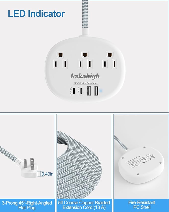 Small Extension Cord with USB C - 5 FT Short Extension Cord - Image 3