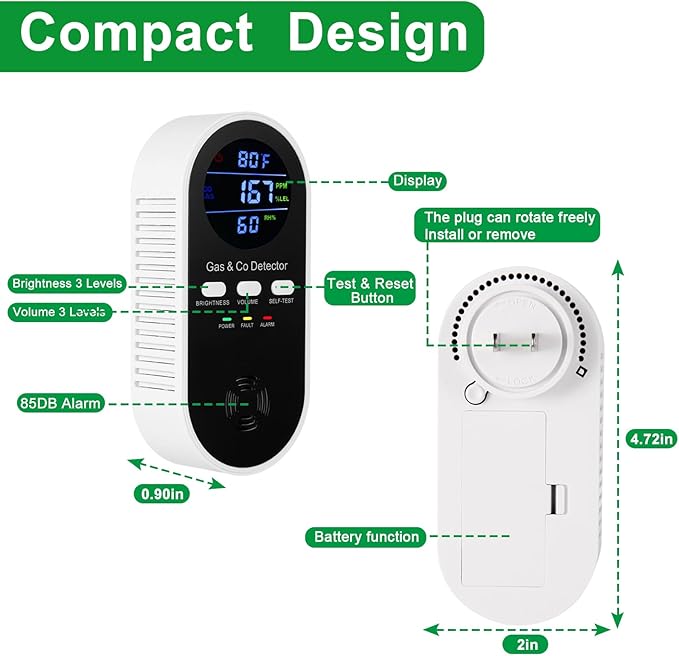3 Pack 5-in-1 Carbon Monoxide Alarm & Natural Gas Leak Detector, AC-Plug-in CO - Image 2