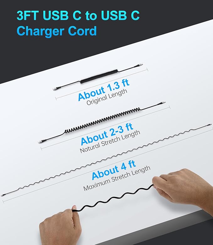 Coiled USBC to USBC Cables for Car 3FT/5FT, USB C to USB C Fast Charging Cables - Image 6