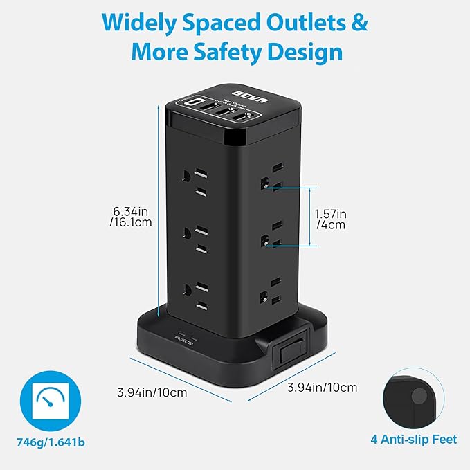 BEVA Power Strip Tower with USB Ports, 6.5 FT Surge Protector Power Tower - Image 7
