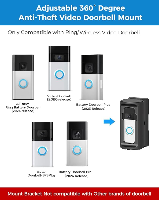 Anti-Theft Video Doorbell Mount，Adjustable 360° Degree Doorbell Angle No-Drill - Image 2