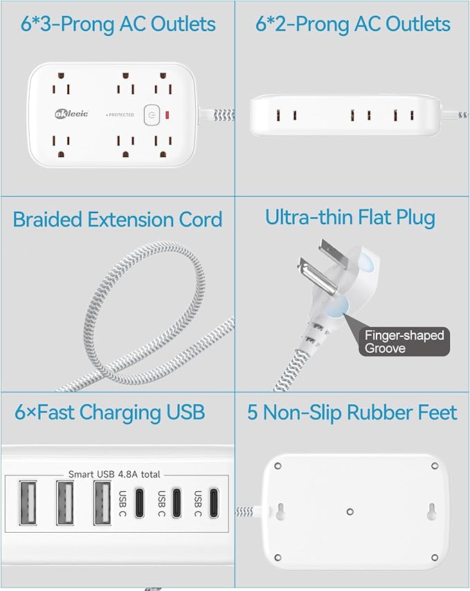 Power Strip with USB, 2100J Surge Protector Flat Plug Extension Cord 5ft - Image 6