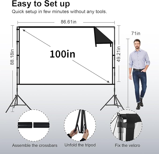 Projector Screen with Stand, TOWOND 100 inch Portable Projector Screen Black - Image 3
