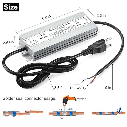 LLTOP LED Driver 60 Watts 100-264V AC to 24V DC 2.5A Power Supply Waterproof - Image 3