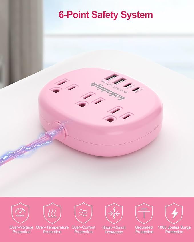 Pink Extension Cord with Surge Protected 1080J - 5 FT Kawaii Power Strip - Image 8