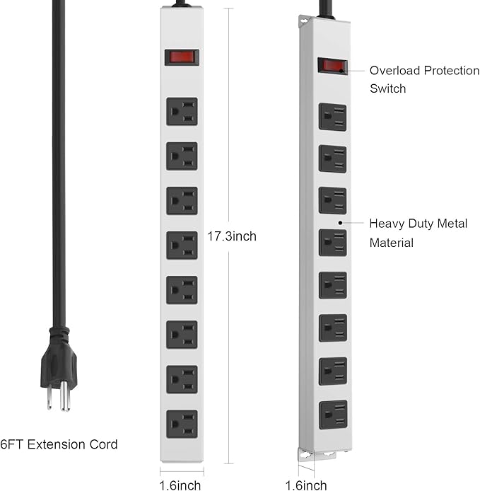 JUNNUJ Metal 8 Outlet Power Strip, Mountable Heavy Duty Power Strip, 1200J - Image 6