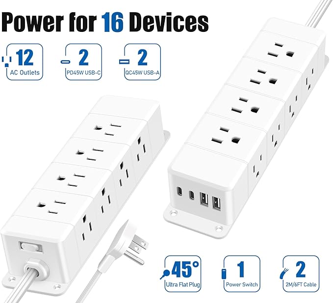 45W USB-C Fast Charging Under Desk Power Strip, 12 Outlet Mountable Power Strip - Image 3