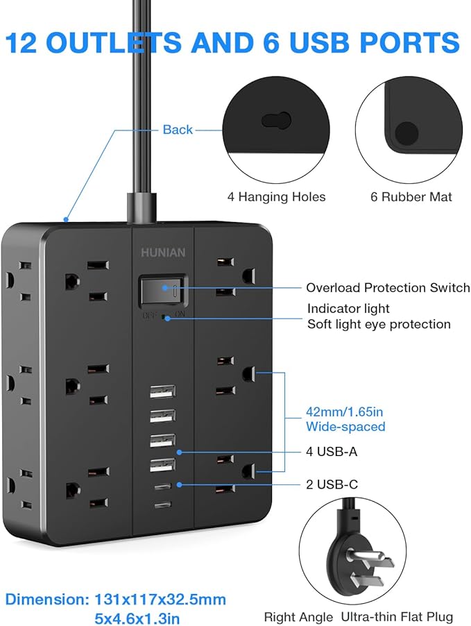 Extension Cord 25 Ft, HUNIAN Flat Plug Power Strip Surge Protector, 12 Widely - Image 7