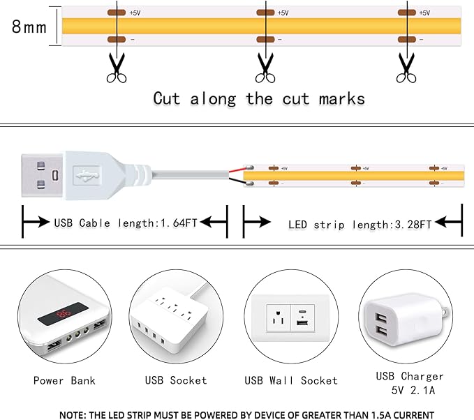 UVTaoYuan Led Strip Lights, 5V USB LED Lighting COB Short LED Strip Light White - Image 7