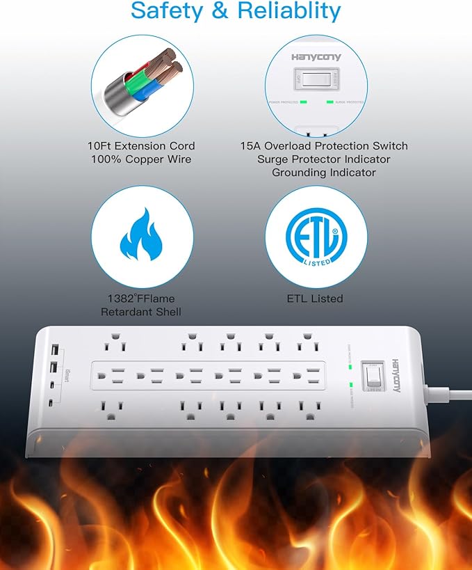 16 Outlets Surge Protector Power Strip, HANYCONY 5 Ft Flat Plug Heavy Duty - Image 6