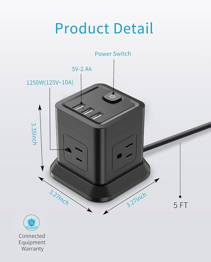 Power Strip with USB, FDTEK Flat Plug Extension Cord with 4 AC and 3 USB - Image 7