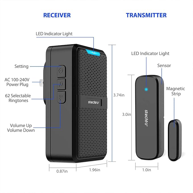 STECHRO Door Chime, 600ft Range 1 Magnetic Door Alarm Sensor 2 DoorBell Plugin - Image 7