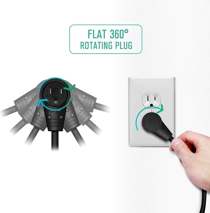 Nekteck 360° Rotating Flat Plug Extension Cord 1 Foot, 14AWG 3 Prong Extension - Image 3