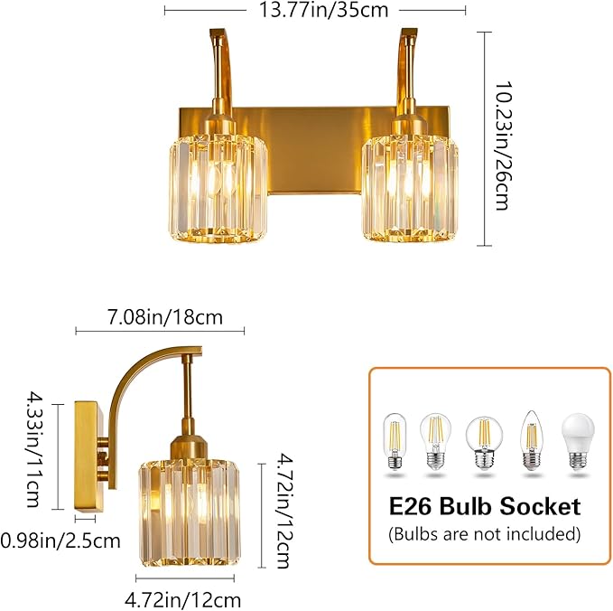 FDPBY Bathroom Crystal Vanity Lights 2-Light Gold Wall Lamp Modern Crystal - Image 4