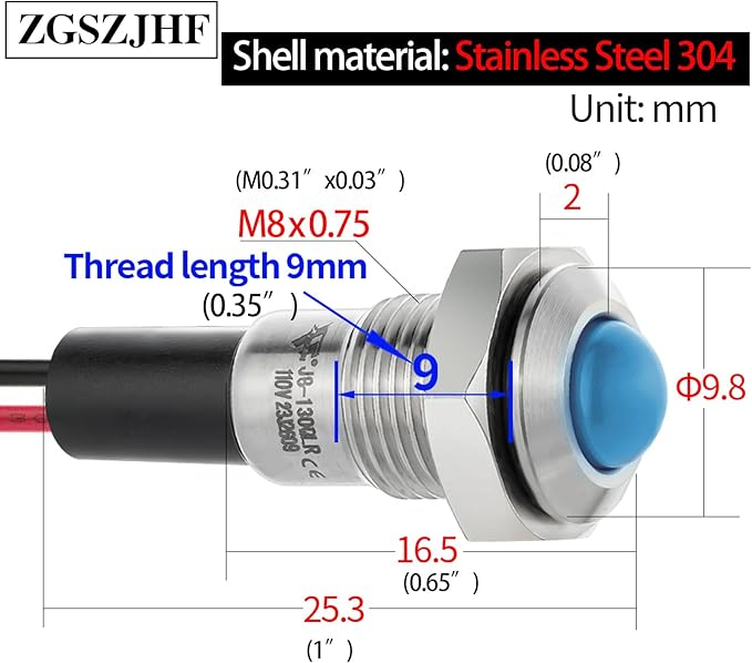ZGSZJHF UL Listed Mini Indicator Light 8mm 0.31" Waterproof IP67 110V-120V - Image 4
