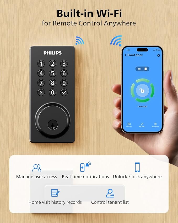 Philips Smart Lock, Smart Door Lock Built-in WiFi, App Remote Control, Keyless - Image 2