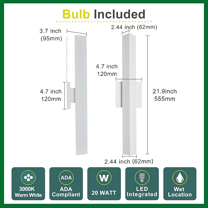 Tarentlight 2 Pack LED Outdoor Wall Lights Dimmable, 20W 3000K, 21.9" Modern - Image 5