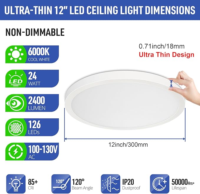 SunRider LED Flush Mount Ceiling Light Fixture, 6000K Cool White, 12 Inch 24W - Image 2