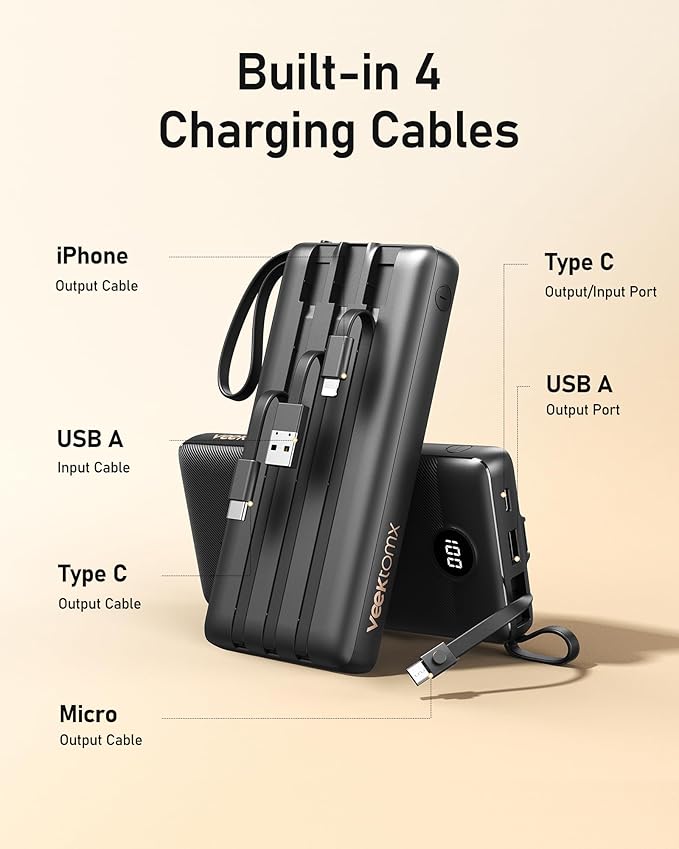 VEEKTOMX Portable Charger Built-in Cables, 20000mAh Power Bank - Image 3