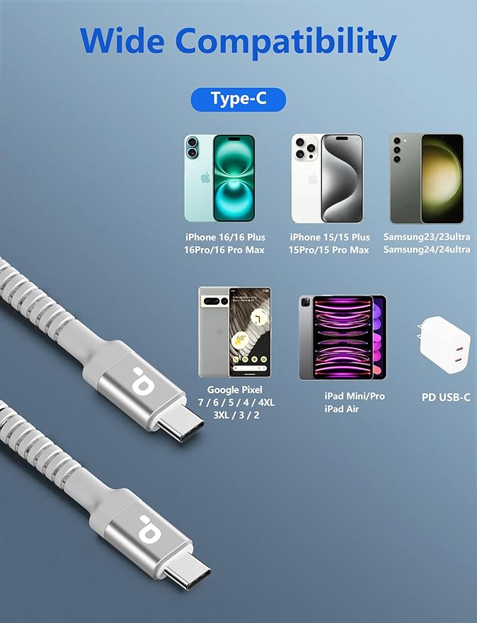 USB C to USB C Cable 10FT, Long Type C Fast Charging Cable Nylon Braided USBC - Image 8