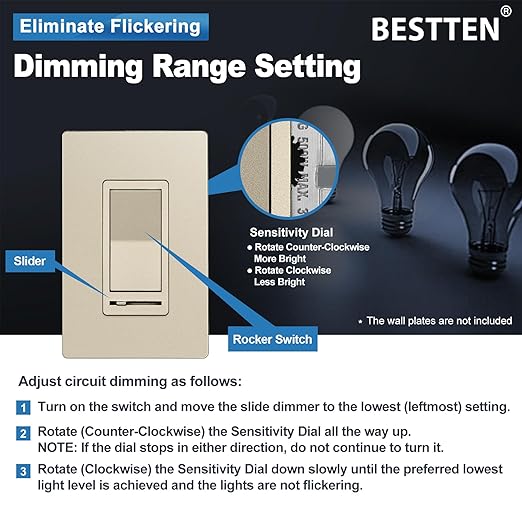 BESTTEN 5 Pack Matte Champagne Gold Dimmer Light Switch, Single Pole or 3-Way - Image 6