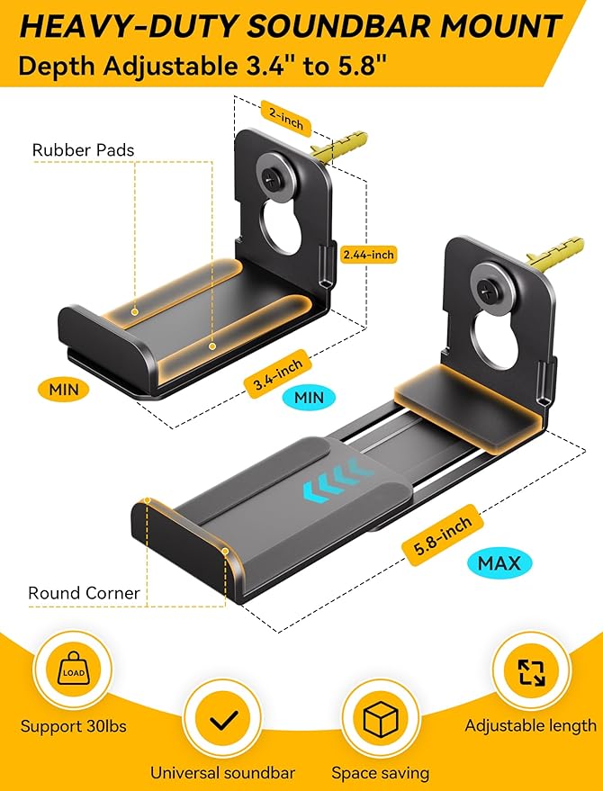 MUAKIOY Soundbar Mount, Speaker Wall Mount Brackets Under TV, Heavy Duty Sound - Image 3