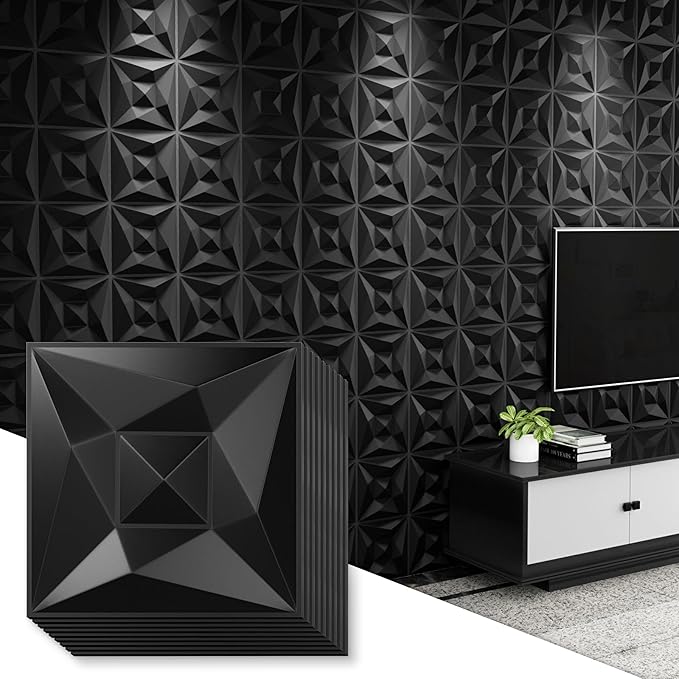 Greymond Black PVC 3D Wall Panels, 33 Pack 11.8''x11.8''Geometric Design by Greymond
