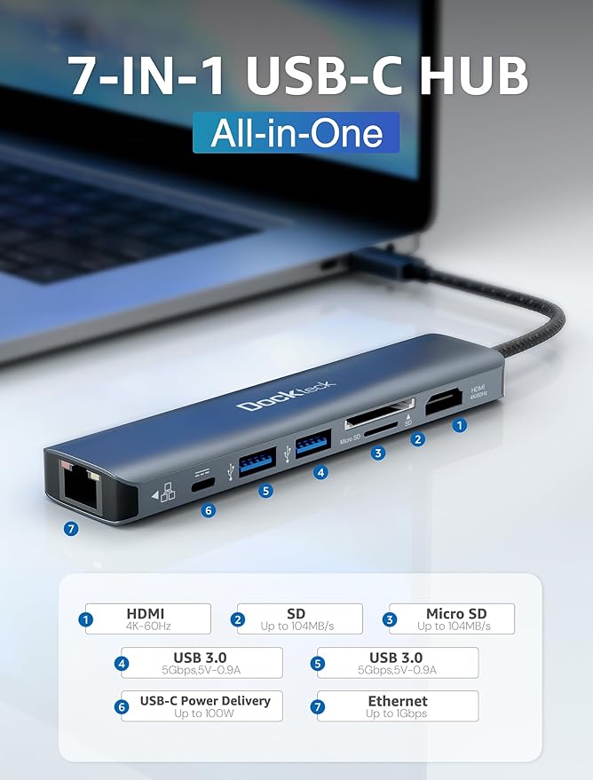 dockteck 7-in-1 USB C Hub with 4K 60Hz HDMI, 1Gbps Ethernet, 100W Power Delivery - Image 2