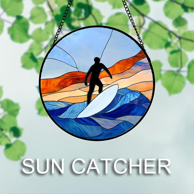 AMDERVEN Stained Glass Window Hanging 4 Pcs Set Blue Ocean Surfing Beach Large - Image 3