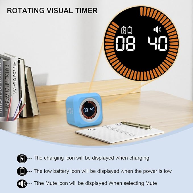 FCXJTU Rotating Cube Pomodoro Visual Timer 5, 10 50 Minutes Preset, - Image 4