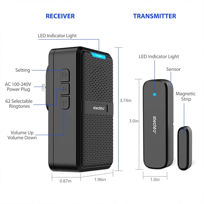 STECHRO Wireless Door Chime, 600Ft Range 5 Adjustable Volume 1 Magnetic Door - Image 7