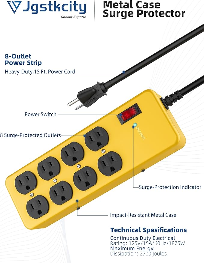 Heavy Duty Power Strip, Industrial Heavy Metal Case Surge Protector, 8 AC - Image 2