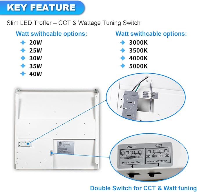 Cortelco 2x2 LED Troffer Light–20W/25W/30W/35W/40W, 4 CCT Selectable - Image 3