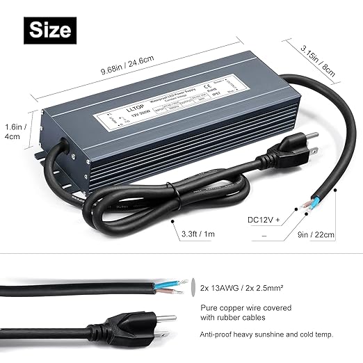 LLTOP LED Driver 300 Watts Waterproof IP67 Power Supply 90-130V AC to 12V DC - Image 3
