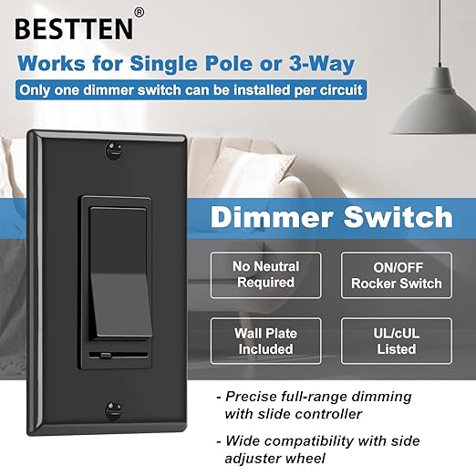 BESTTEN 2 Pack Dimmer Wall Light Switch, Single Pole or 3-Way LED Slide Dimmer - Image 3
