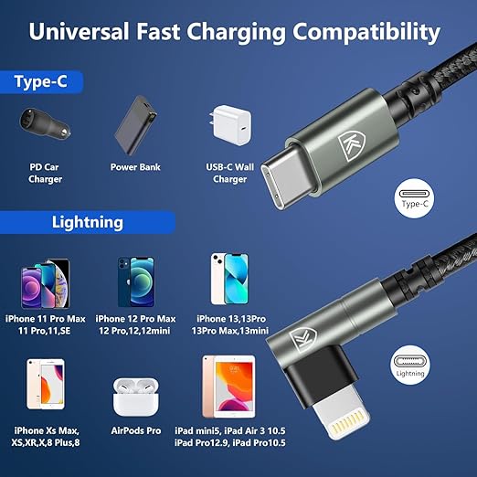 USB C to Lightning Cable 10FT 3Pack Long iPhone Charger Cable 90 Degree i Phone - Image 8